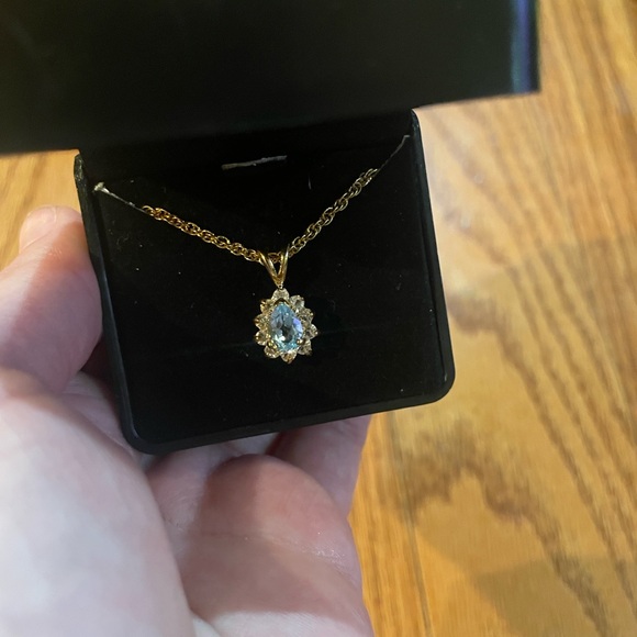 14k gold-plated genuine blue topaz and crystal pendant necklace. - Picture 3 of 4